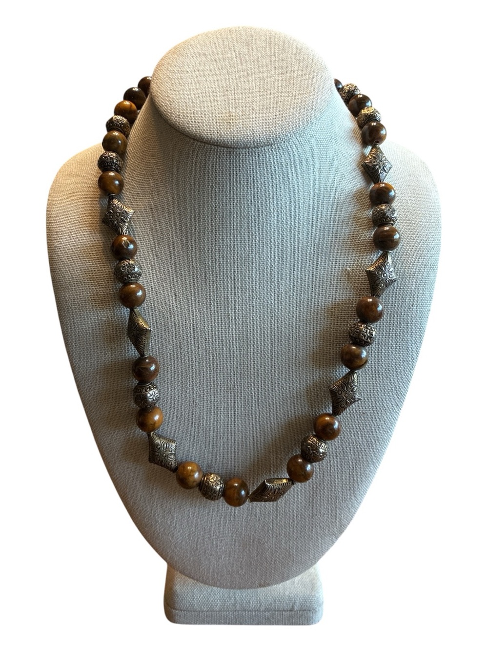Brown Beaded Statement Necklace with Bronze Accent Beads